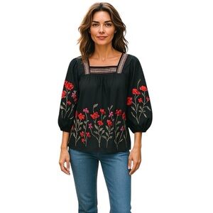 CALESSA  L Embroidered Boho Top Balloon Sleeves Square Neck Peasant Bohemian‎